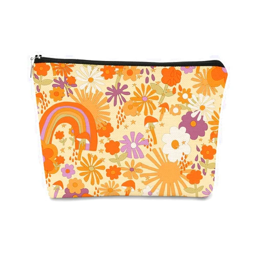 BARPERY Makeup Bag for Women Gift,Retro 60s 70s Hippie Flowers Rainbow Makeup Bag,Vintage Floral Cosmetic Bag Best Gift Idea for Teen Girls Women,Birthday Christmas Gifts