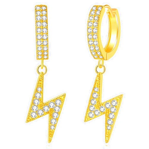 GEMOSA Lightning Bolt Dangle Earrings for Men 14K Gold Silver Plated Iced Out Small AAA+ Cubic Zirconia Pave CZ Diamond Dangling Hoop Huggie Drop Post Earring Jewelry GIFT (Yellow Gold)