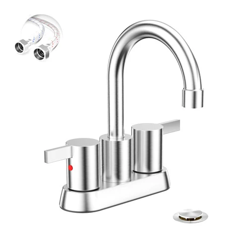 Phiestina Brushed Nickel 4 Inch 2 Handle Centerset Lead-Free Bathroom Sink Faucet, with Copper Pop Up Drain and Water Supply Lines,BF015-1-BN