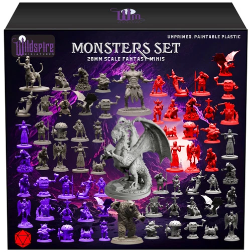 Wildspire Fantasy Monsters & Bookish Dragon for DND Miniatures Unpainted Bulk 28mm-32mm Dungeons & Dragons Minis Pathfinder Figures Fantasy Unpainted Tabletop RPG Miniature Starter Set for D&D