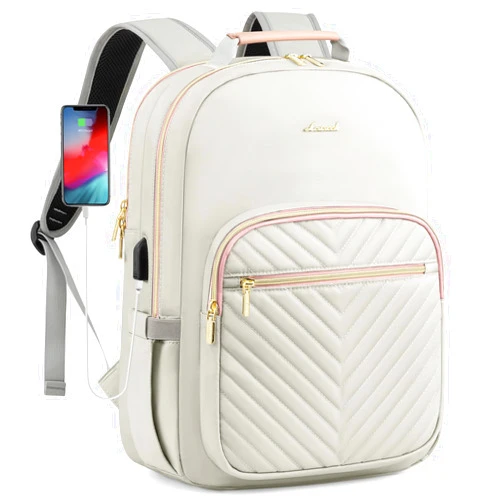 LOVEVOOK Laptop Backpack Purse for Women, Work Travel Computer Bags, College School Backpack for Student Girl, Quilted Casual Daypack with USB Port, Fit 15.6 Inch Laptop, Grey Pink