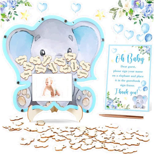 Gisgfim 64 Pcs Baby Shower Guest Book Alternatives Elephant Decorations for Baby Shower Girl Wooden Baby Shower Sign in Photo Guest Book Baby Shower Picture Frame Keepsakes for Guests Birthday Party Favors