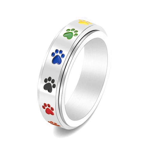 HUIZIUYUQI Lovely Puppy Paw Print Rotatable Titanium Stainless Steel Fidget Band Rings for Women Men Cute Anti Anxiety Stress Relief Spinner Rings Minimalist Statement Promise Rings for Son Daughter Christmas New Year Gifts