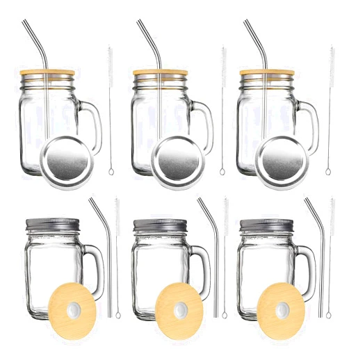 ABBSH Mason Jar Glass Cups With Lids With Straws16oz With Handle Drinking Glasses Coffee Mugs Set Of 6