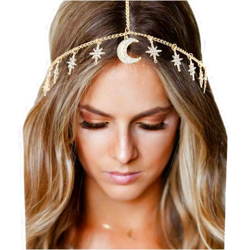 Urieo Boho Moon Head Chain Star Pendant Hair Chain Vintage Gold Crystal Tassel Forehead Chians Halloween Headpiece Accessories for Women