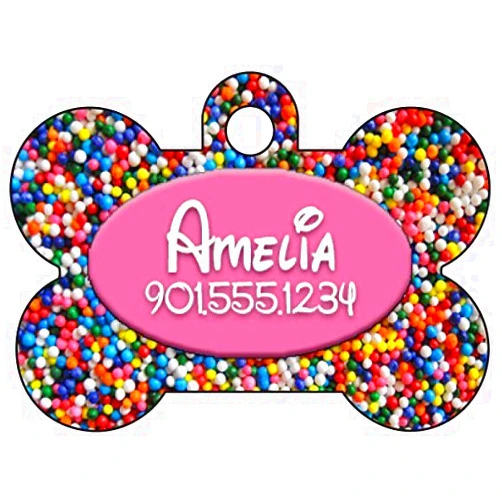 RUFF BOYZ Rainbow Sprinkles Dog Tag Pet Id Tag Personalized w/ Your Pet's Name & Number (Pink)