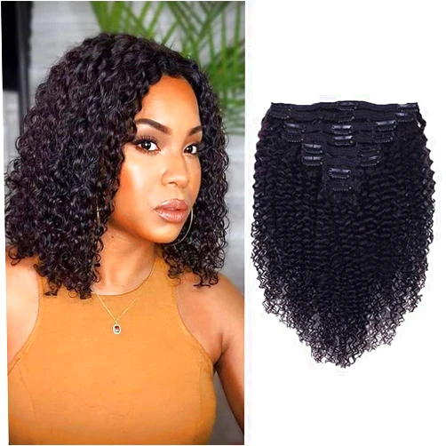 Croocco Curly Clip In Extension Human Hair 3C 4A Kinky Curly Clip Ins Full Head for Black Women Brazilian Remy Human Hair Natural Color 8Pcs with18clips 120g/Set (14 inch, curly wave)