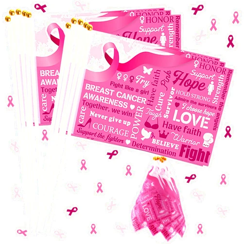 Outus 30 Pcs Breast Cancer Awareness Stick Flags Small Pink Ribbon Flags Decorations Hope Faith Strength Courage Sign for Breast Cancer Survivor Gifts Party Supplies Charity Events Indoor Outdoor