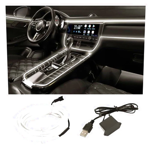 GLSOWEE EL Wire Interior Car LED Strip Lights, USB Car Neon Light Strip with Sewing Edge, 16FT Neon Light 5V with Fuse Protection, Electroluminescent Car Indoor Decorations (White)
