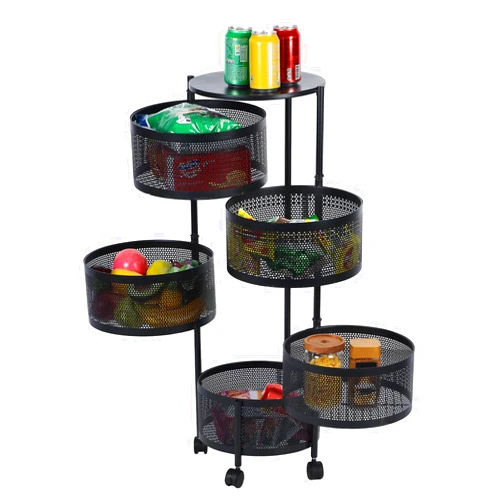 Ehozirta Fruit Basket for Kitchen, 5 Tier Circular Rotating Basket, Large Storage Rack with 360 Degree Wheels, Fruit Vegetable Metal Wire Shelf with Top Lid for Living Room, Office, Black Black Five