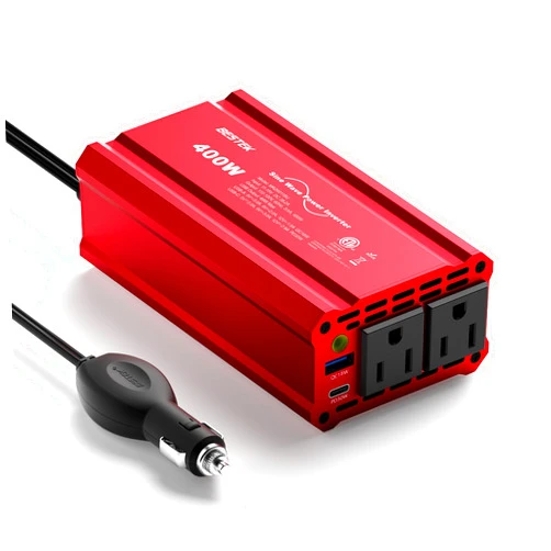 BESTEK 400W Car Power Inverter DC 12V to AC 110V Car Plug T-Type Sine Wave Inverter Adapter Power Converter with PD30W & QC18W Dual USB Charging Ports and 2 AC Outlets Car Charger.