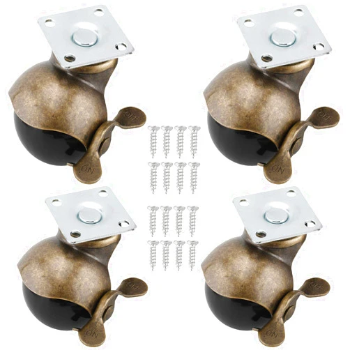Homend 4-Pack 2 Inches Ball Caster Wheels with Brake 360 Degree Antique Brass Top Plate Casters for Furniture Cabinets Wheelchairs (4 Pack, 2Inch Top Plate, with Brake)