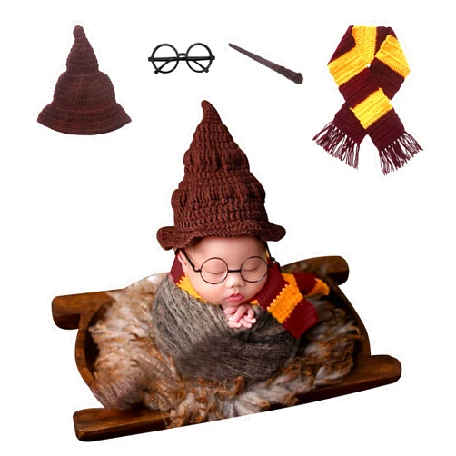 D-Fokes 4PCS Newborn Photography Props - Magic Wizard Witch Hat Scarf Wand Glasses Frame Decoration, Newborn Photography Outfits,Halloween Cosplay Baby Photoshoot Props , Baby Halloween Photoshoot Props