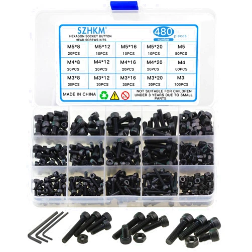 SZHKM 480Pcs Grade 12.9 Nuts and Bolts Assortment Kit M3 M4 M5 Socket Head Cap Screws Set Alloy Steel Machine Screws and Nuts Black with Wrench