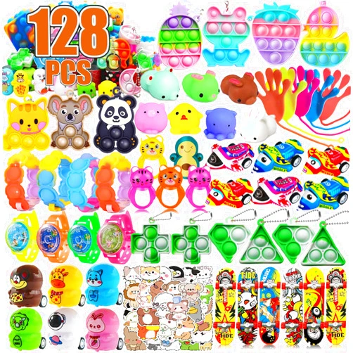 Mctuoba 128 Pcs Party Favors for Kids, Pop Fidget Toys Bulk, Treasure Box Toys, Pinata Stuffers, Classroom Prizes, Goodie Bag Filler, Treasure Chest Carnival Prize for Boys Girls 4-8