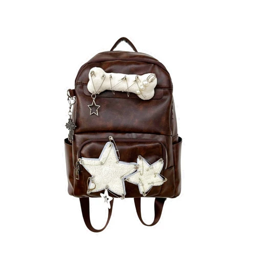 KANGDAWEI Cute PU Backpack Preppy, Y2K Star Vintage Fashion Bookbag, Aesthetic Emo 2000s Backpack for Women Men Casual Bag
