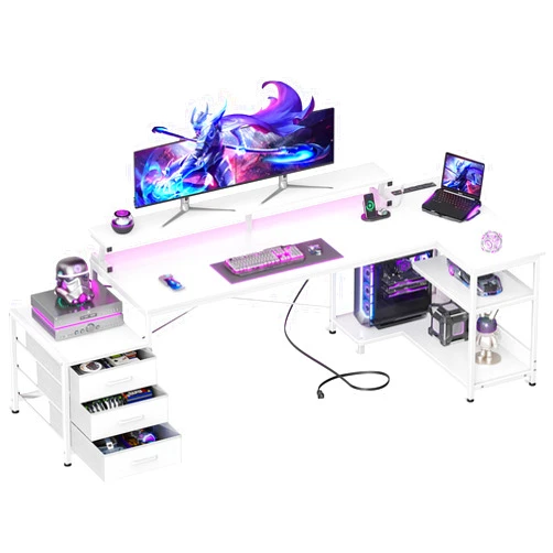 AODK L-Shaped Gaming Desk with 3 Fabric Drawers, Reversible Computer Desk with LED Strip and Power Strip, Corner Large Desk with Storage Shelf and Monitor Riser, White, 66 Inch - 79 Inch