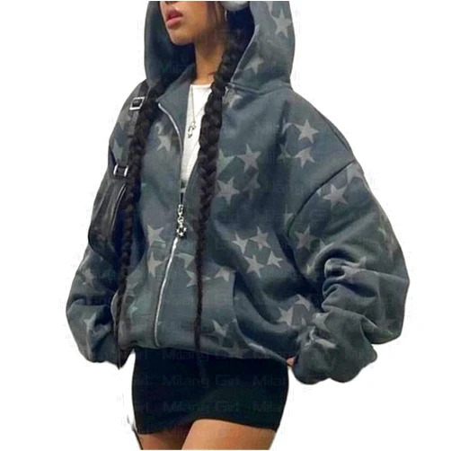UNIQUEONE Y2k Hoodie Women Star Letter Print Zip up Loose Hoodies Oversized Goth Sweatshirt Harajuku Aesthetic Jacket