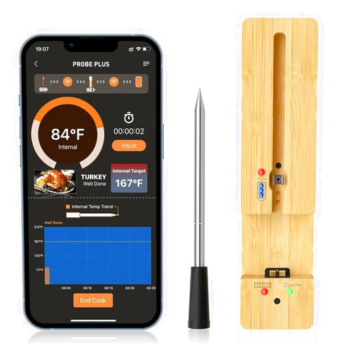 SAMTEK Smart Wireless Meat Thermometer APP, Cooking Food Thermometer for Grilling Long Range Bluetooth Wireless Digital Probe Meat Thermometer for Air Fryer Oven Smoker Grill Rotisserie Beef Turkey Chicken+