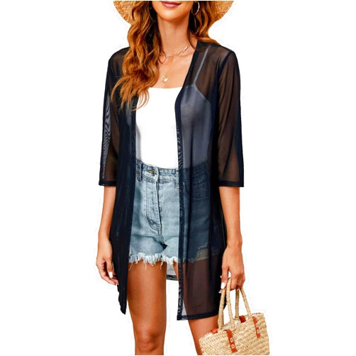 Totatuit Women 3/4 Sleeve Open Front Cardigan Sheer Kimono Swimsuit Coverups Duster