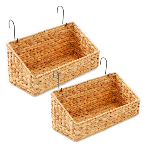 Casafield Set of 2 Hanging Baskets with Hooks - Natural, Hyacinth Woven Wall Mounted Storage Bins for Kitchen, Bathroom, Laundry Room, Home Office