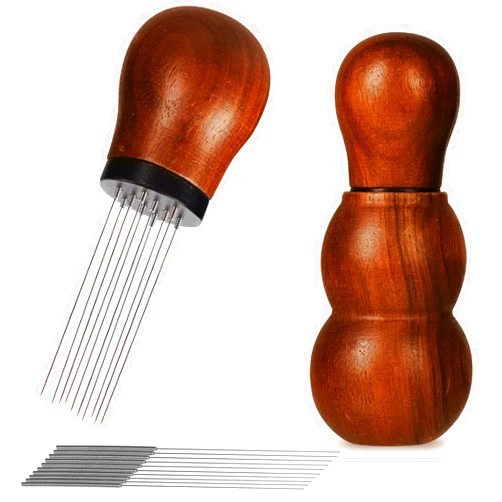 iCosoni WDT Tools Espresso Distribution Tool for barista 10 * 0.3mm installed+10 * 0.25mm Stainless steel Needle Extra for replacement Ground Coffee Stirr Natural Wood handle with Stand (Walnut)