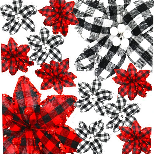 RISICULIS 12 Pieces Buffalo Plaid Poinsettias Christmas Tree Ornaments, 7.1 Inch Wide Artificial Christmas Flowers Poinsettia with Glitter Powder for Christmas Tree Garland Wedding Party Holiday Decoration