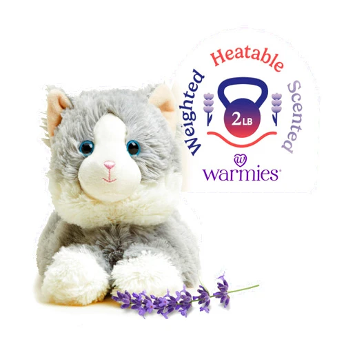 warmies Microwavable & Weighted Stuffed Animals, Laying Down Gray Cat - Heated Stuffed Animal Plushie for Warmth & Comfort - Cute Soft Plush Toys for Boys, Girls, Babies & Toddlers
