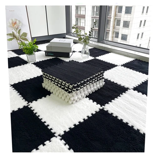 FYYSJW 12Pcs Plush Interlocking Foam Mats, Fluffy Carpet Tiles 12X12inch Plush Area Rug, Bedroom Floor Tiles, Soft Play Mats Puzzle Floor Mats(Color:White+Black)