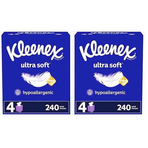 Kleenex Ultra Soft Facial Tissues, 4 Cube Boxes, 60 Tissues per Box, 3-Ply (240 Total Tissues), Packaging May Vary (Pack of 2)