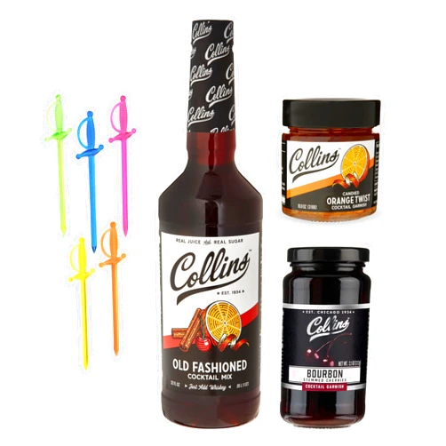 Collins Chicago Collins Old Fashioned Kit, Whiskey Cocktail Mix, Orange Garnish, Bourbon Cherries, Drink Picks, Home Bar Accessories, Home Bar Kit, bartender Mixer, Drinking Gifts, Mixology Cocktail kit, Set of 4