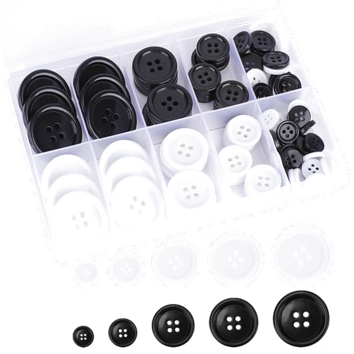 Kidoom 100 Pcs Premium Mixed Resin Sewing Buttons, kidoom Eco-Friendly 4-Hole Craft Buttons, 5 Sizes of Black Buttons Suitable for Sewing, DIY and Holiday Decoration(Black & White)