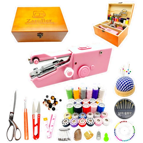 Zasidler Hand Sewing Machine, Handheld Sewing Machine Mini Portable Cordless, Perfect for Adults, Beginners, Kids DIY, Home and Travel Sewing, Wooden Sewing Box with 153 Sewing Supplies