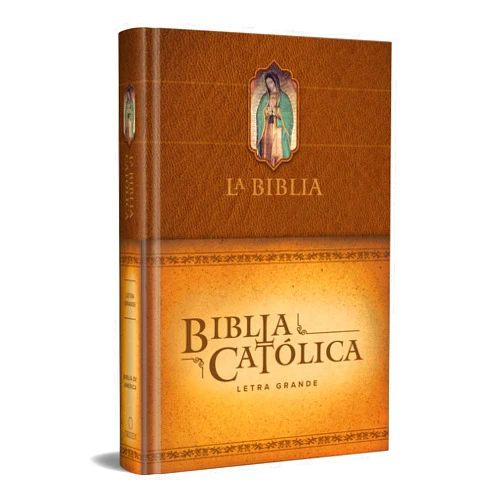 Biblia de América La Biblia Católica: Edición letra grande. Tapa dura, marrón, con Virgen de Guada lupe en cubierta / Catholic Bible. Hard Cover, brown, with Virgen