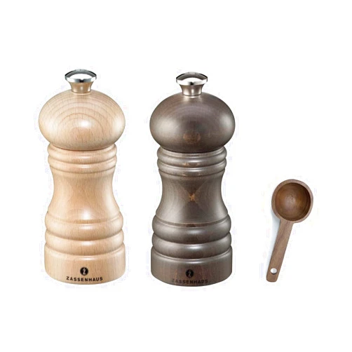 Zassenhaus Berlin Natural Salt & Dark Stained Pepper Grinder Mill, Gift Set - With Wooden Spice Scoop (4.7 Inch)
