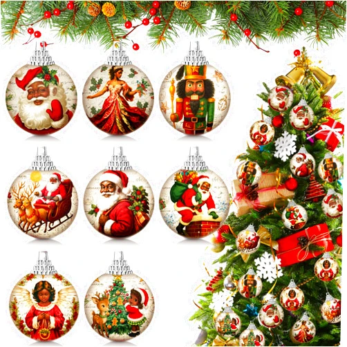 Outus 16 Pcs Santa Claus Black Ball Ornaments for Tree African American Christmas Hanging Ornaments Santa Claus Black Christmas Decorations for Tree Xmas Gifts Farmhouse Fireplace Holiday Party Favors