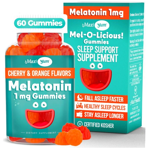 Maxi Health 1mg Melatonin Gummies – Kids Melatonin Chewables with Natural Cherry & Orange Flavor – Adult and Baby Sleep Help Supplement to Support Restful Nights (60 Count)