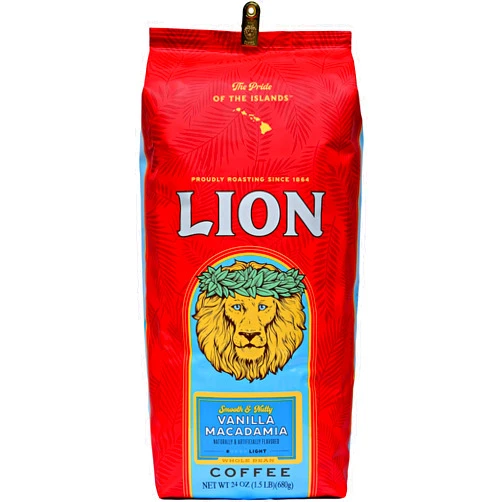 Lion Coffee, Vanilla Macadamia Flavor, Light Roast, Whole Bean, 24 Ounce Bag