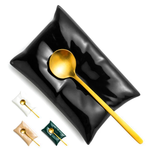 Cormomu Coffee Spoon Rest, Ceramic Coffee Spoon Holder, Cute Kitchen Bar Accessories, Pillow Shape Design, Black+Gold