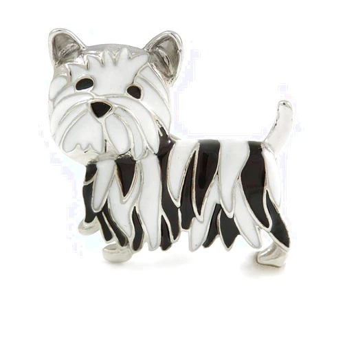 Avalaya Black/White Enamel Yorkie Dog Brooch In Silver Tone Metal - 35mm Across