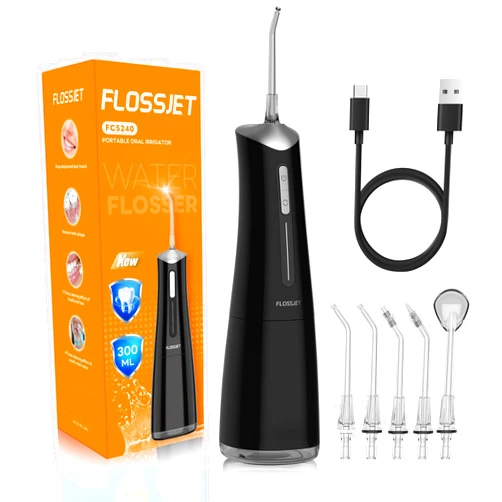 FlossJet Water Dental Flosser Teeth Pick Cordless Oral Irrigator with 300ml 5 Tips 4 Modes USBCharger Portable Travle Irrigation Cleaner IPX7 Electric Irrigador Dental for Teeth Cleaning (Black)
