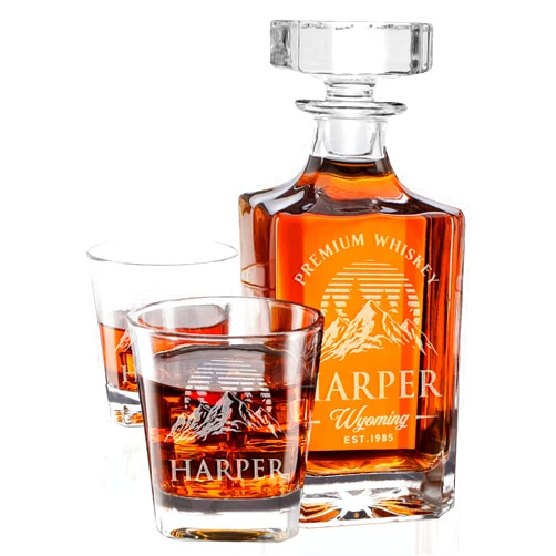Personalization Lab Decanter Set with Glasses Personalized, 3 PC - 25 Icon Options, Engraved Liquor, Whiskey Decanter Set with State Name, Last Name & Date, Classy Gifts for Men, Dad, Husband, Anniversary