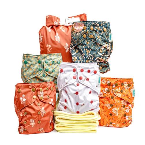 Kinder Boho Floral Kinder Cloth Diapers Set of 5 Reusable Baby Diapers Pocket Style Athletic Wicking Jersey, Bamboo Viscose Inserts, Wet Bag, Newborn to Potty Training 7-60lbs, Girly Prints Neutral