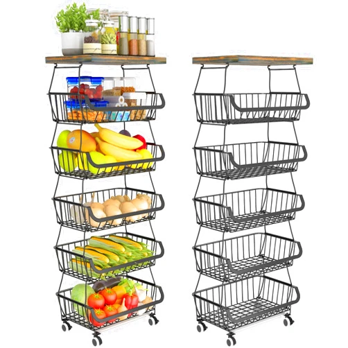 Payeel Kitchen Fruit and Vegetable Storage Cart, Wire Storage Basket with Wheels, Rolling Utility Storage Basket Bins Rack for Kitchen, Pantry, Bathroom, Living Room (6 Tier,1pcs)