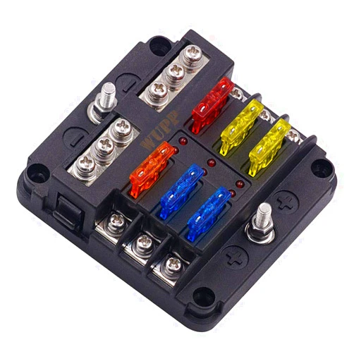 WUPP 12 Volt Fuse Block, Waterproof Boat Fuse Panel with LED Warning Indicator Damp-Proof Cover, 6 Circuits with Negative Bus Fuse Box for Car Marine RV Truck DC 12-24V