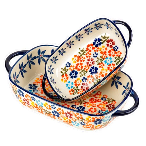 ONECCI Retro pastoral style Ceramic Baking Dish Rectangular Bakeware Set Baking Pan, 2-piece Hand-painted Porcelain Baking pan with handle, Casserole Dish for Oven/Cooking/Kitchen (Colorful Flower)