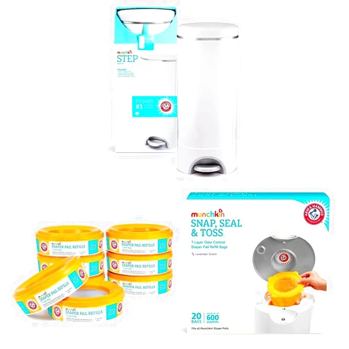 Munchkin® Step Diaper Pail Powered by Arm & Hammer & Arm & Hammer Diaper Pail Refill Rings, 2,176 Count, 8 Pack (272 Count each) & ® Arm and Hammer Diaper Pail Snap, White 20 Count