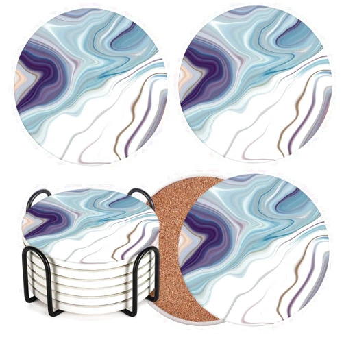 Britimes Coasters for Drinks Absorbent with Metal Holder Stand, Ceramic Stone Coaster Sets of 6, Marble Style Coaster for Coffee Wooden Table, Housewarming Gift Multi