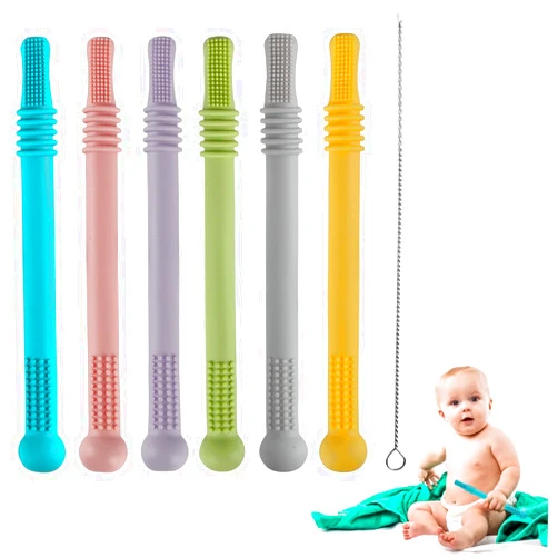 Fu Store Hollow Teether Tube Chew Straw Sensory Toy for Infant Toddlers Silicone Tubes Teething Toys for Babies 3-12 Months 0-36 Months Gifts Learning Developmental Toys BPA Free Freezable 6 Pack