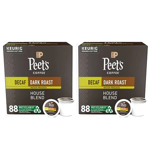 Peet's Coffee, Dark Roast Decaffeinated Coffee K-Cup Pods for Keurig Brewers - Decaf House Blend 88 Count (4 Boxes of 22 K-Cup Pods) (Pack of 2)